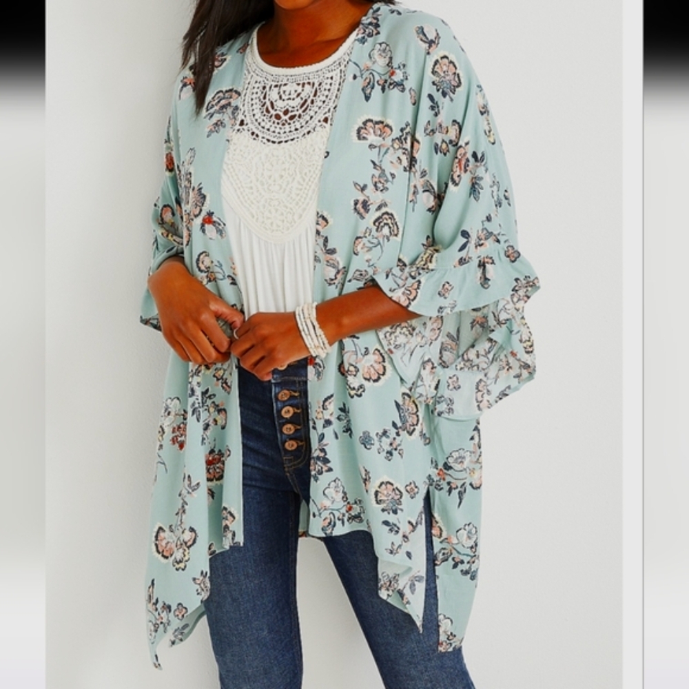 Maurices Mint Floral Kimono Cardigan with Ruffle Sleeves